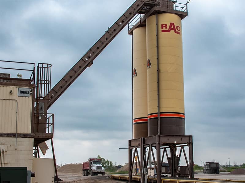 Two asphalt storage silos at asphalt plant in Saginaw, Texas